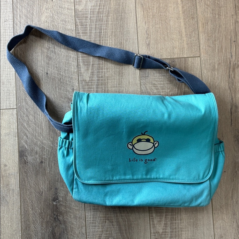 Life is Good Monkey Diaper Bag and Changing Pad Blue and Green
